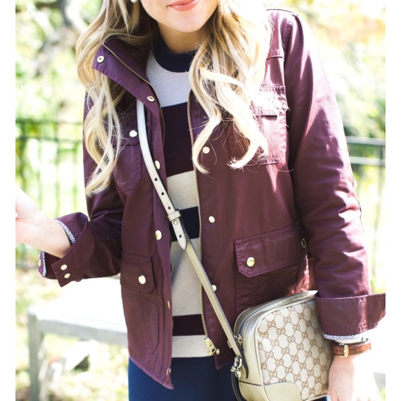 Jcrew downtown field jacket moto bomber coat burgundy red gold buttons pocket - Picture 4 of 13